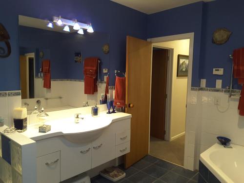 a bathroom with a sink and a mirror and a tub at Beach B&B in Waihi Beach