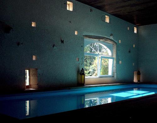 - une piscine dans une chambre avec fenêtre dans l'établissement Moulin De Jouenery Et Spa, à Brassac