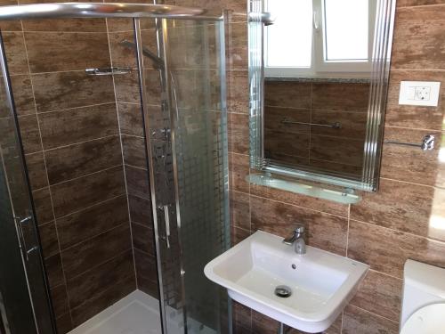 a bathroom with a sink and a shower at Villa Pomer in Pomer