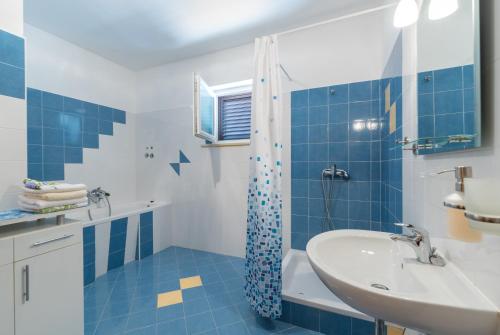 a blue and white bathroom with a sink and a shower at Kuća za odmor Pavincica in Labin