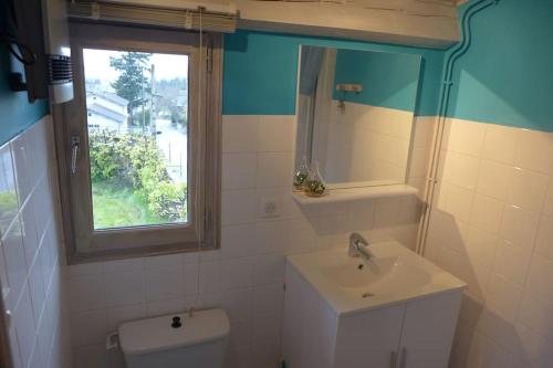 a bathroom with a toilet and a sink and a window at La P'tite Maison in Saint-Hostien