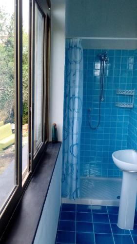 a blue bathroom with a sink and a shower at Il Capriolo in Celle Ligure