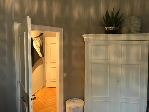 a hallway with a white door and a plant on the wall at Apartment Lakeside in Salzburg