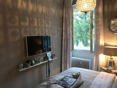 a bedroom with a tv and a bed and a window at Apartment Lakeside in Salzburg