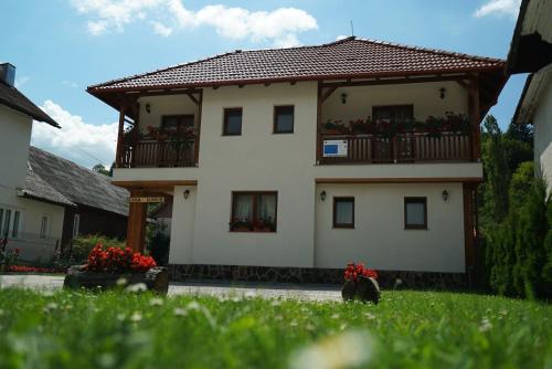 a building with a balcony with flowers on it at Casa Bunicii in Moisei