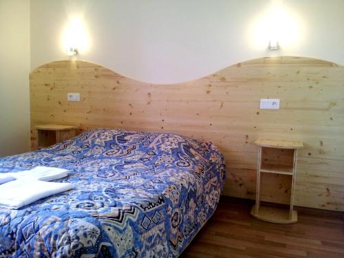a bedroom with a bed and a wooden wall at Hotel de France in Chaudeyrac