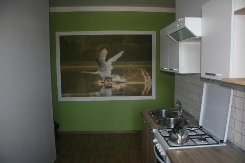 una cucina con una foto di un uccello sul muro di Mieszkanie centrum 300m od plaży a Giżycko