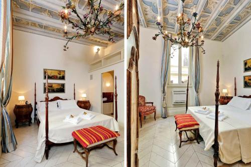 two pictures of a bedroom with a bed and a dining room at Boccaccio 22 in Rome