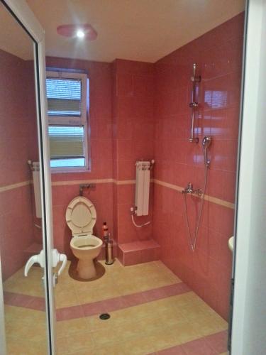 a red bathroom with a toilet and a shower at Guest House Bedrock in Belogradchik