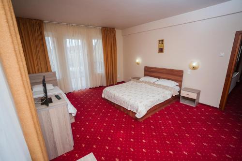 una camera d'albergo con due letti e un tappeto rosso di Vila Romance a Bistriţa