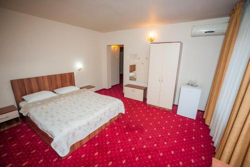 ビストリツァにあるVila Romanceの赤いカーペット敷きの客室で、ベッド1台が備わります。