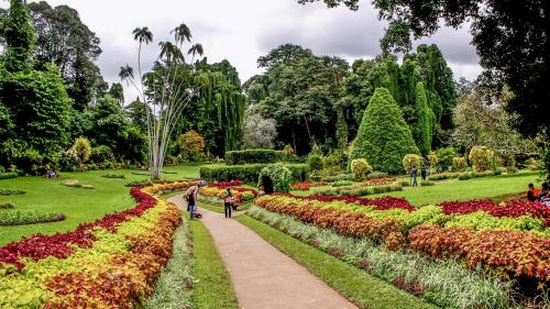 a garden with flowers and people walking down a path at The Heaven's Villa Kandy in Kandy