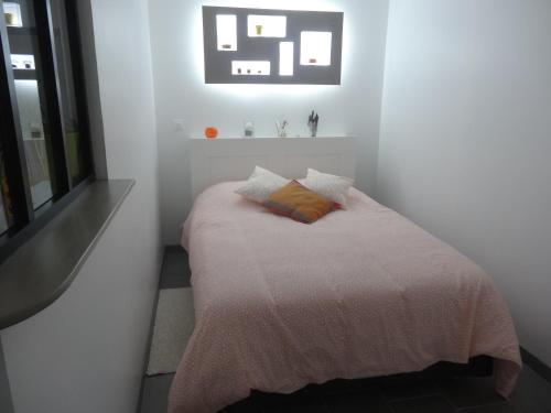Le Studio في Saint-Aignan-Grand-Lieu: غرفة نوم صغيرة مع سرير وبطانية وردية