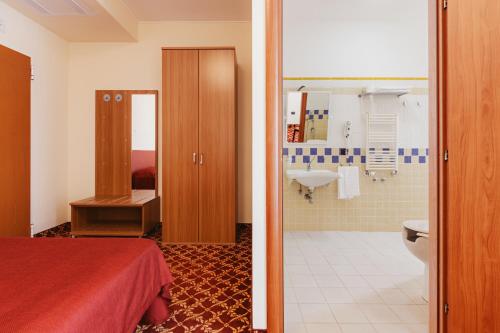 a bedroom with a bed and a bathroom with a shower at Hotel Villa Del Sorriso in Venosa