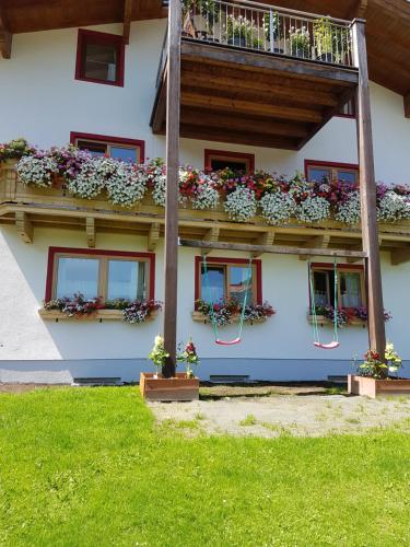 a building with flower boxes on the windows at Appartement Schmittenblick in Zell am See