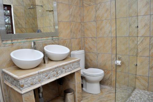 a bathroom with a sink and a toilet and a mirror at Waterfalls Boutique Hotel in Pretoria