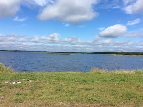 a large body of water with grass and clouds in the sky at Seaside cottage in Kõiguste