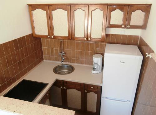 a small kitchen with a sink and a refrigerator at Panorama Postira Apartments in Postira