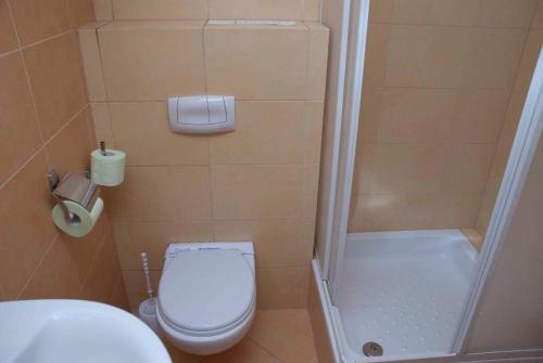 a small bathroom with a toilet and a shower at Prima in Puławy