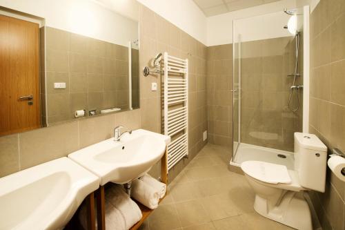 a bathroom with a sink and a toilet and a shower at Hotel Farma in Pelhřimov