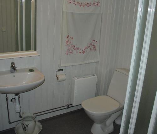 a bathroom with a white toilet and a sink at Björka Storgård B&B in Motala