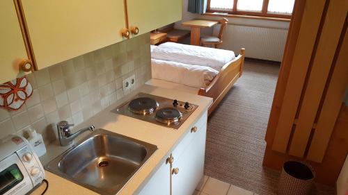 Sibratsgfäll的住宿－Gasthof Hotel IFENBLICK，一个带水槽和床的小厨房