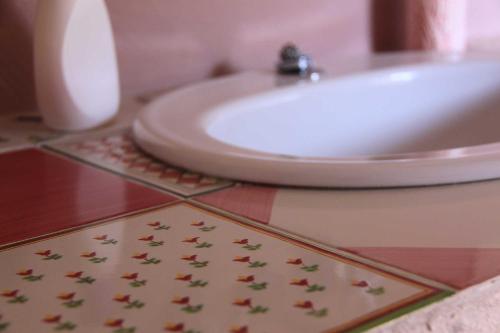a bathroom with a sink and a rug on the floor at antica casa "le rondini" in Borgo a Buggiano