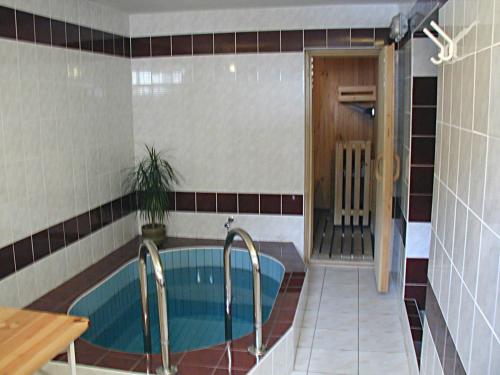 a bathroom with a tub with two faucets at Penzion Vaněk in Velké Losiny