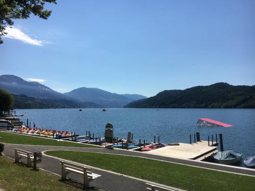 a lake with a bunch of boats in the water at Pension & Apartments Ertl in Seeboden