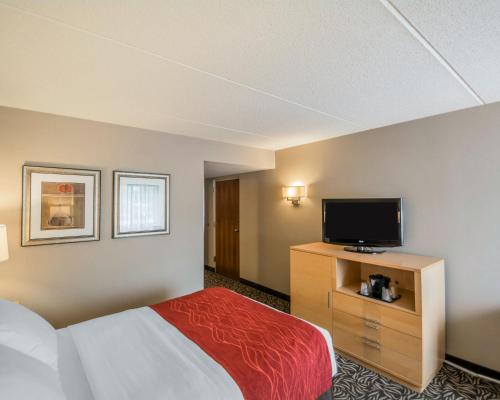 a hotel room with a bed and a flat screen tv at Comfort Inn - NYS Fairgrounds in Syracuse