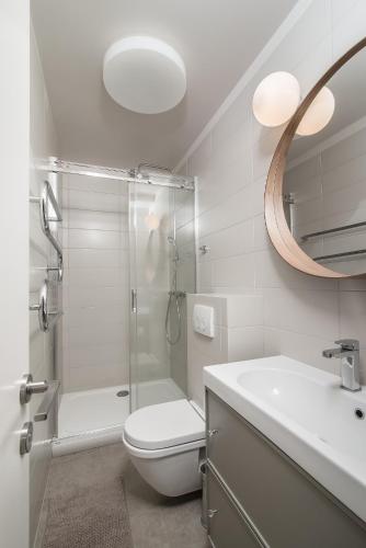 a bathroom with a toilet and a shower and a sink at Zydroji Pakrante in Nida
