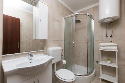 a bathroom with a toilet and a sink and a shower at Apartments Villa Diamant with Pool & Whirlpool in Čižići