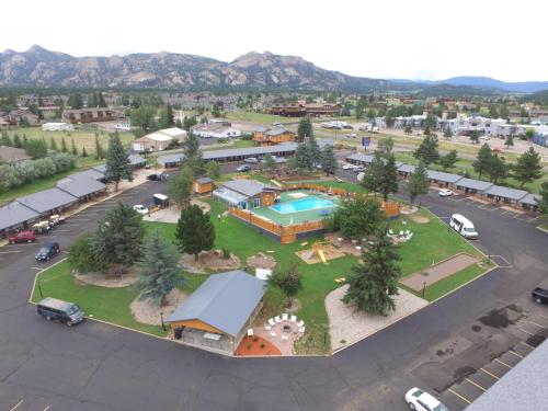 an aerial view of a resort with a pool and a parking lot at Murphy's Resort in Estes Park