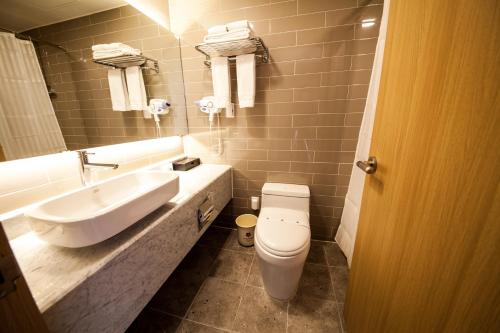 a bathroom with a sink and a toilet and a mirror at Asia Lakeside Hotel in Jinju