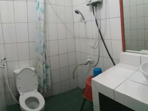 a bathroom with a shower with a toilet and a sink at Homestay Triniti in Lembang