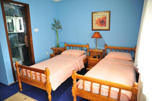 2 Betten in einem Zimmer mit blauen Wänden in der Unterkunft Guesthouse Prenociste Faraon in Pljevlja