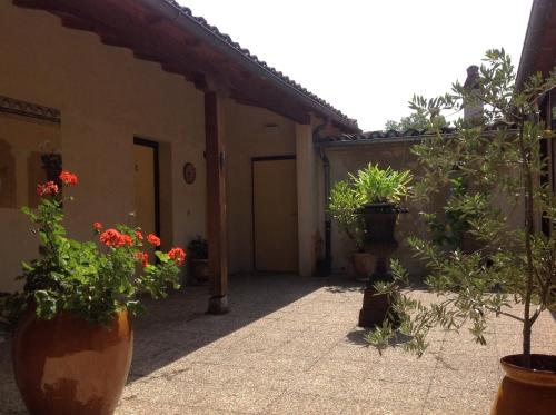 une cour avec des plantes en pot et un bâtiment dans l'établissement Domaine de Granval Chambres d'Hôtes, à Bretenoux