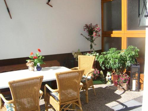 a table and chairs in a room with potted plants at Ferienwohnungen Schleich in Nassereith