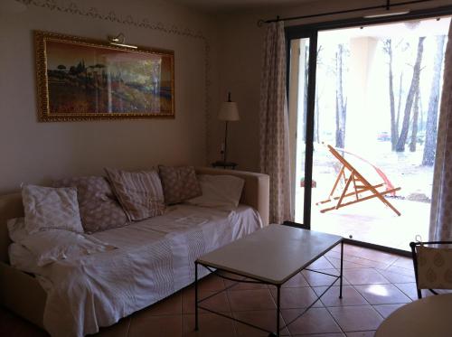 リル・シュル・ラ・ソルギュにあるLa pinede du Golfのリビングルーム(ソファ、テーブル付)、窓が備わります。
