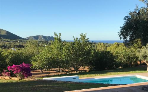 a swimming pool in a garden with a view of the ocean at Can Poeta in Sant Carles de Peralta
