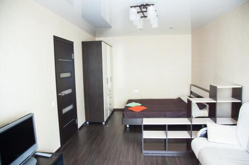 トムスクにあるАпартаменты Учебная 7の小さなリビングルーム(ソファ、テレビ付)