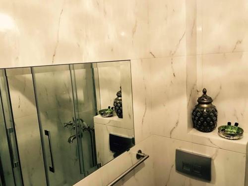 a bathroom with a shower and a mirror and vases at Afroditi Arhontiko in Litochoro