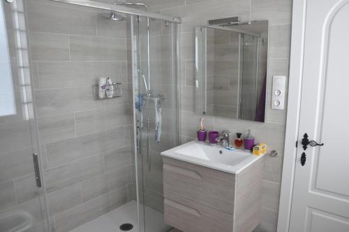 ein Bad mit einer Dusche, einem Waschbecken und einem Spiegel in der Unterkunft Casa Tesoro in Torre del Mar