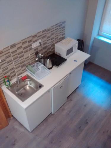 una cocina con fregadero y microondas en Green Panda Apartments, en Budapest