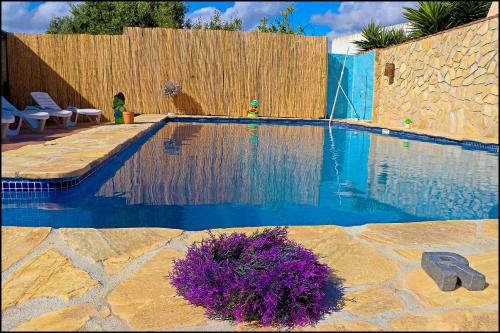 コニル・デ・ラ・フロンテーラにあるApartamento con acceso a piscinaの青い水と木製の柵のスイミングプール