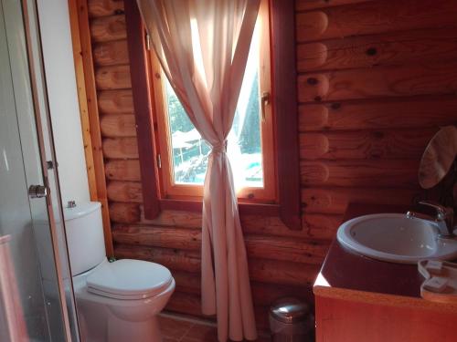 a bathroom with a toilet and a sink and a window at Dionysus Village Resort in Mousthéni