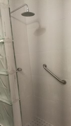 a shower with a glass door and a shower head at Hotel Gerald in Contadora