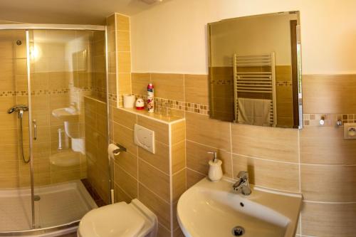 ein Bad mit einem Waschbecken, einem WC und einer Dusche in der Unterkunft Vinařský penzion Přední Hora in Velké Bílovice