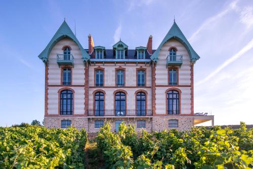 um edifício no topo de uma colina com videiras em Chateau de Sacy em Sacy