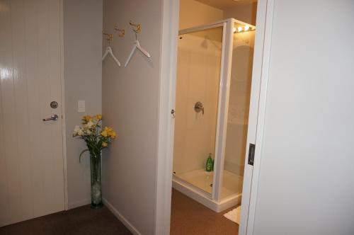 a bathroom with a shower and a vase of flowers at Haven Suite Luxury 5 Star in Queenstown